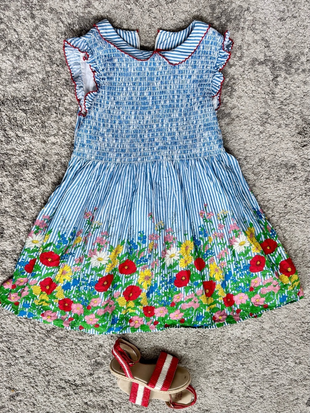 Mini Boden Girls Smocked Floral Dress 6-7Y + Janie Jack Sandals Size 11